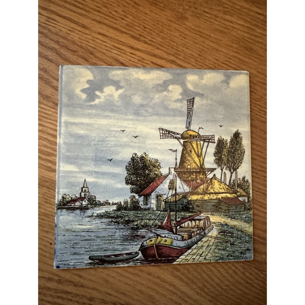 Vintage Delft Handpainted Ceramic Tile Dutch Windmill Canal Holland 6"